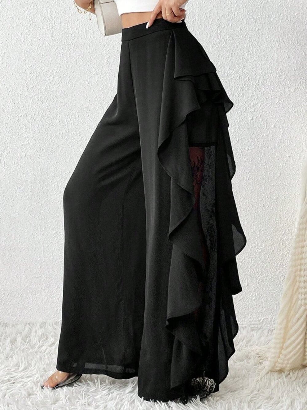 Black Elegant Women's Contrast Lace Ruffle Trim Wide Leg Pants